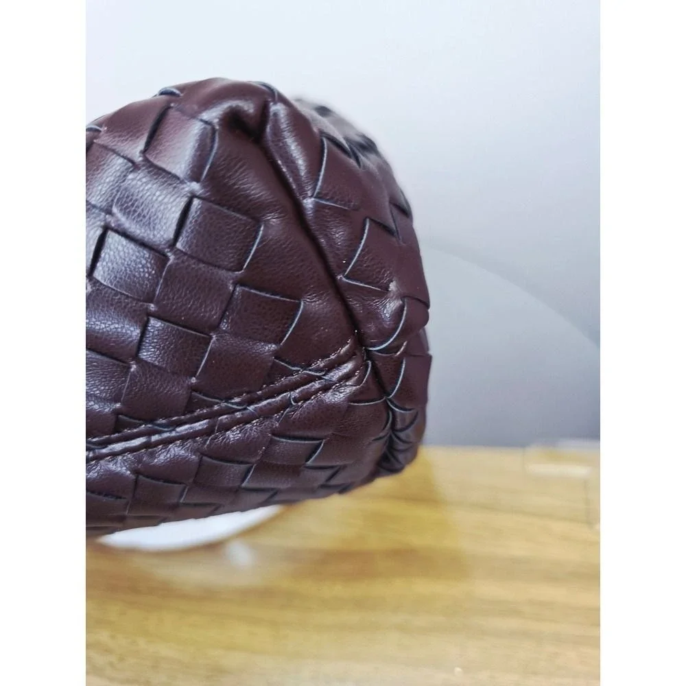 Woven Vegan Leather Satchel Handbag Burgundy Gold X Hardware Top Handle Bag